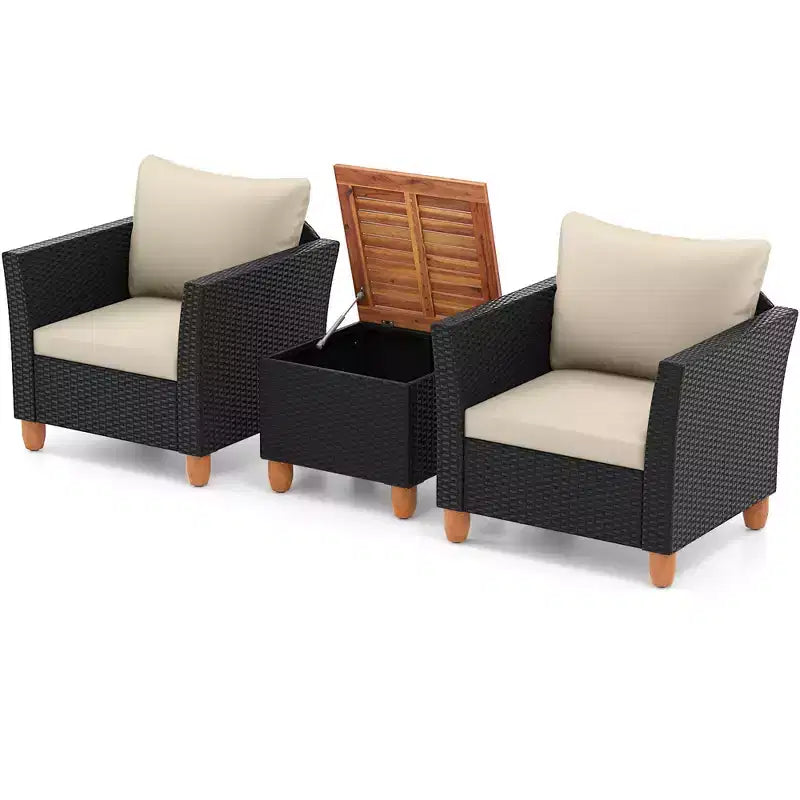 Ensemble de mobilier de jardin en rotin, comprenant un canapé rembourré et une table de rangement, avec un plateau en bois.