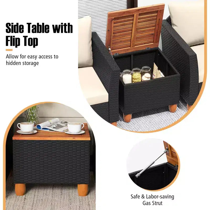 Ensemble de mobilier de jardin en rotin, comprenant un canapé rembourré et une table de rangement, avec un plateau en bois.