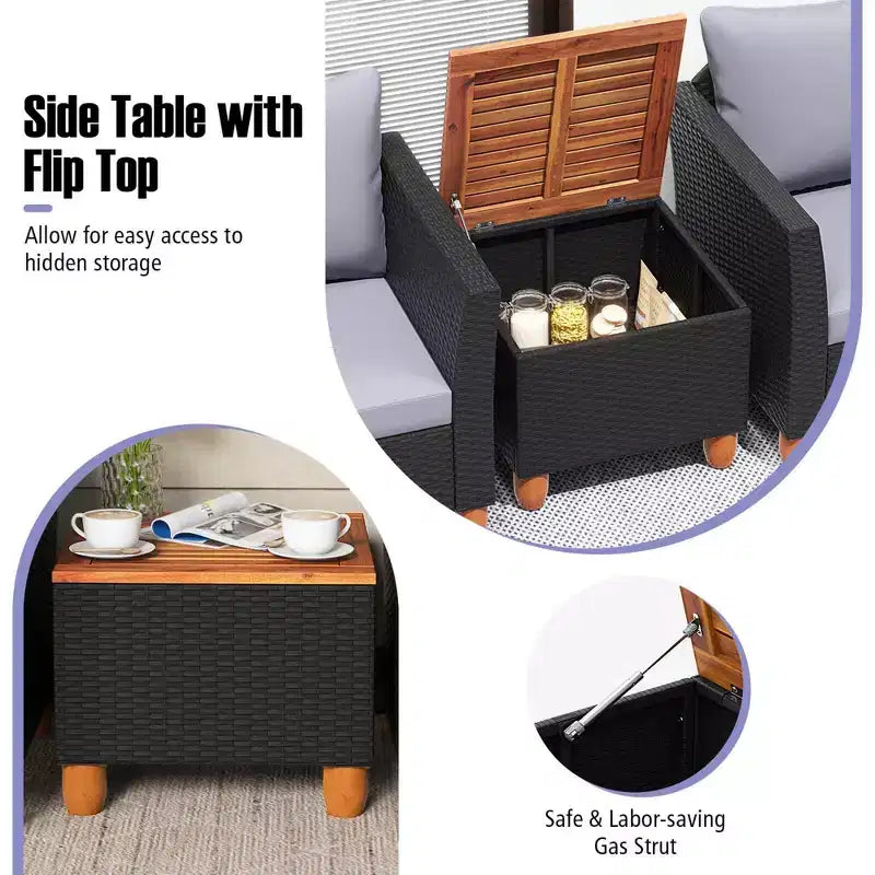Ensemble de mobilier de jardin en rotin, comprenant un canapé rembourré et une table de rangement, avec un plateau en bois.